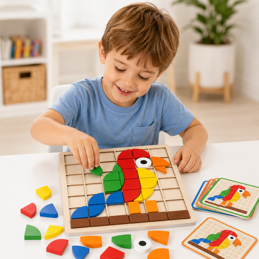 Criança brincando com mosaico de madeira Montessori em ambiente claro