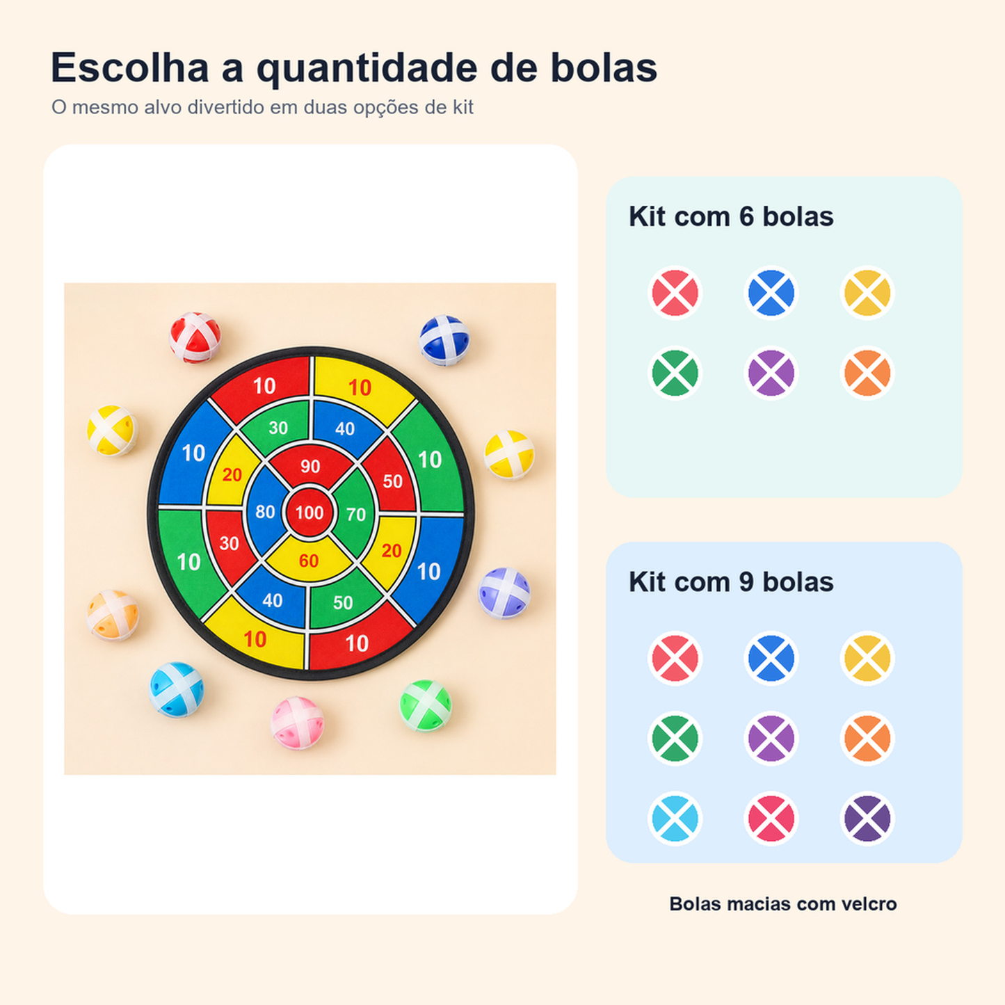 Comparação das opções do jogo de dardos com seis ou nove bolas de velcro