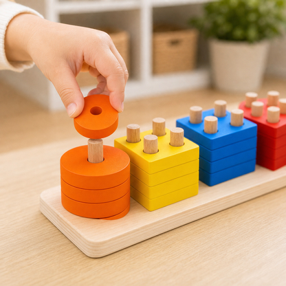 Mão infantil encaixando peça circular no brinquedo de formas geométricas