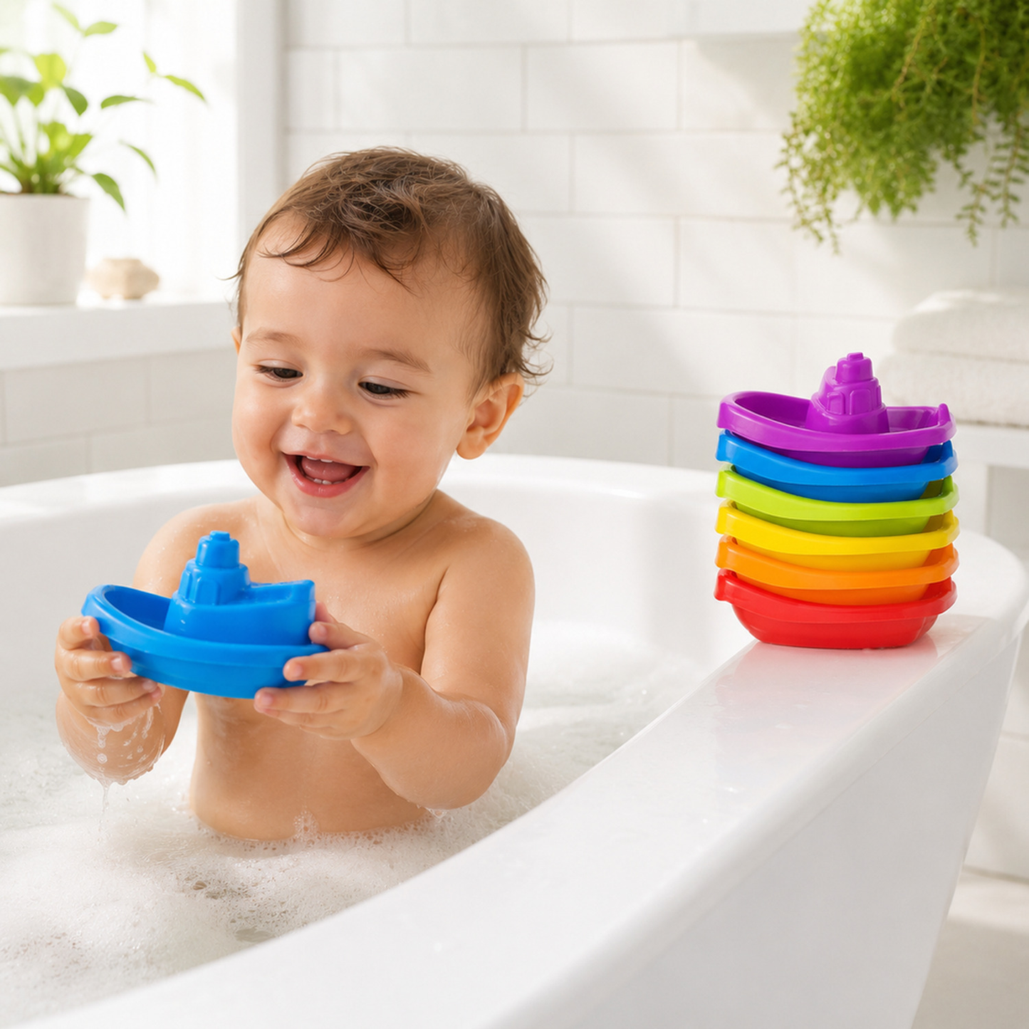 Barquinhos Montessori de empilhar para banho em cenário infantil para visualizar a proposta de brincadeira