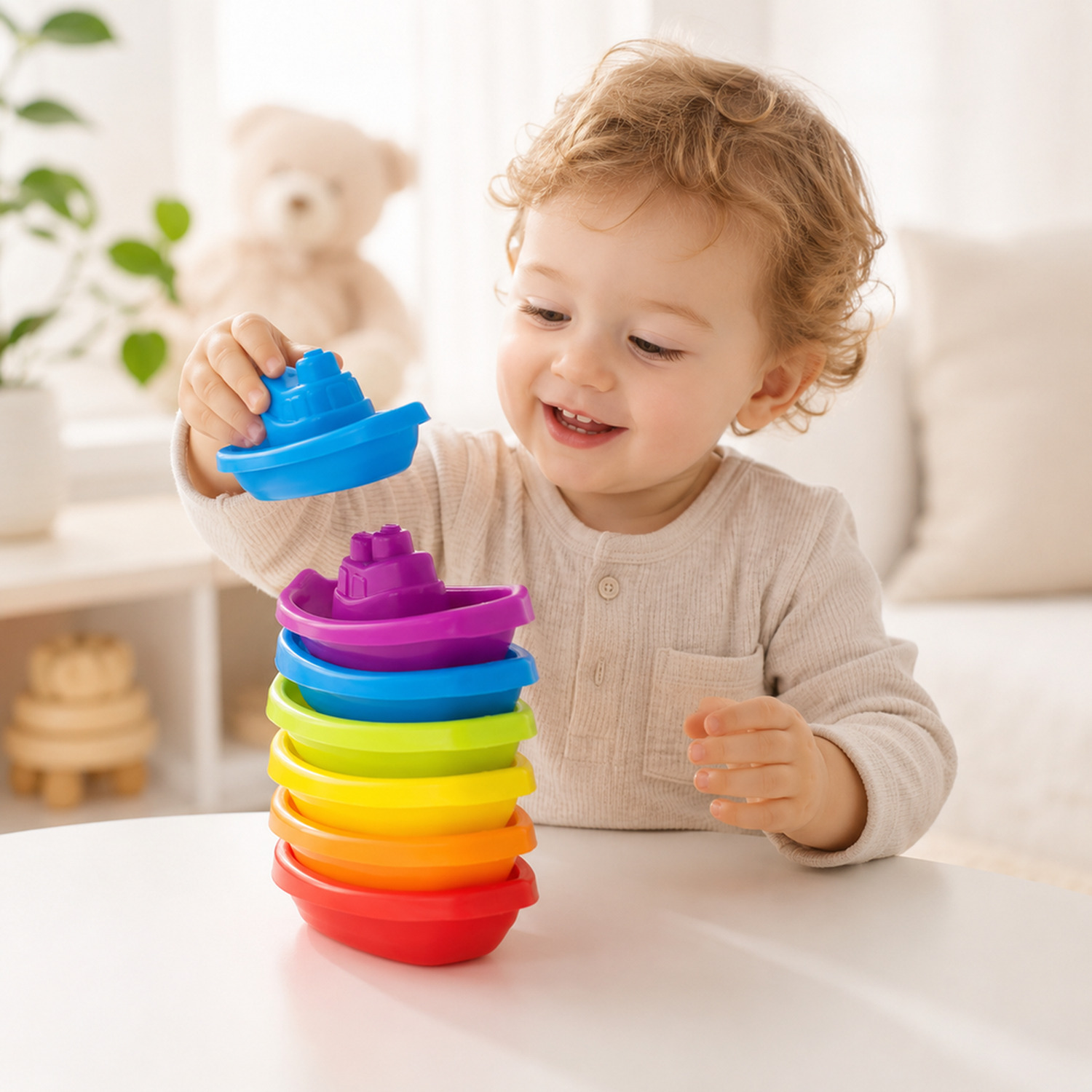 Detalhes de barquinhos Montessori de empilhar para banho para avaliar formato, material e componentes