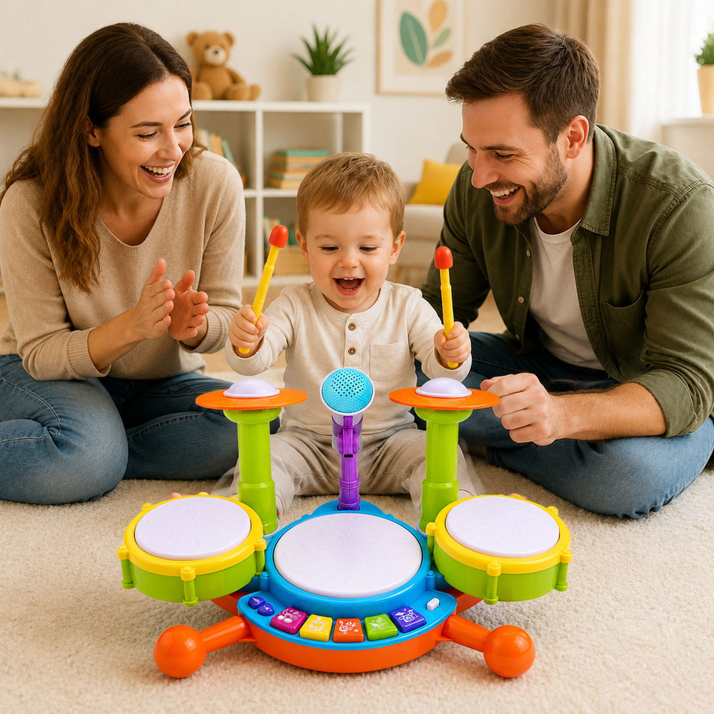 Bateria infantil musical com microfone em cenário infantil para visualizar a proposta de brincadeira