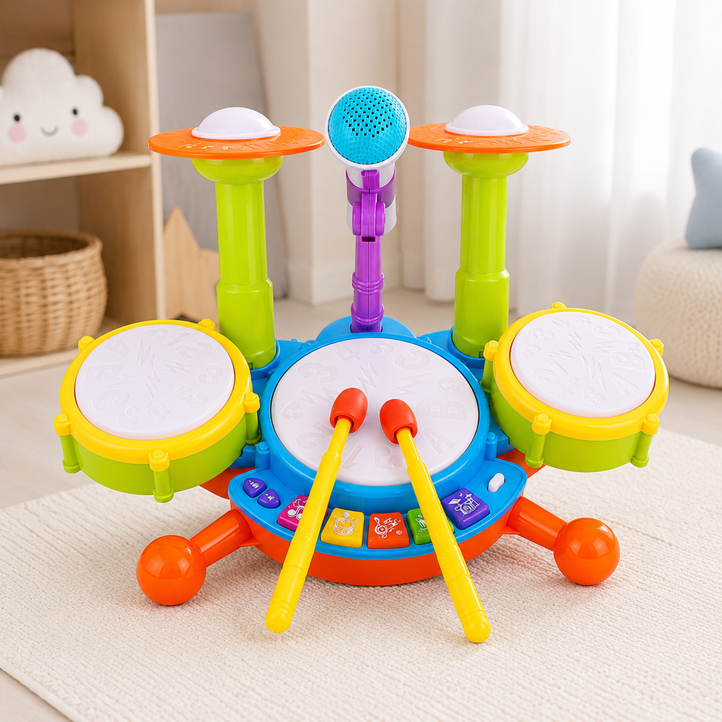 Detalhes de bateria infantil musical com microfone para avaliar formato, material e componentes