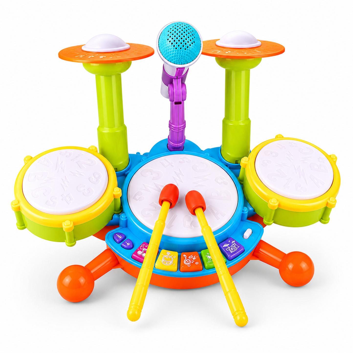 Exemplo de uso de bateria infantil musical com microfone em atividade educativa para crianças