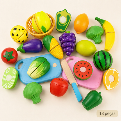 Kit cozinha infantil com frutas e legumes de madeira para estimular coordenação motora, foco e aprendizado
