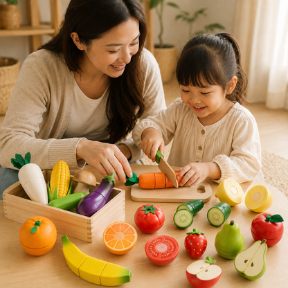 Kit cozinha infantil com frutas e legumes de madeira em cenário infantil para visualizar a proposta de brincadeira