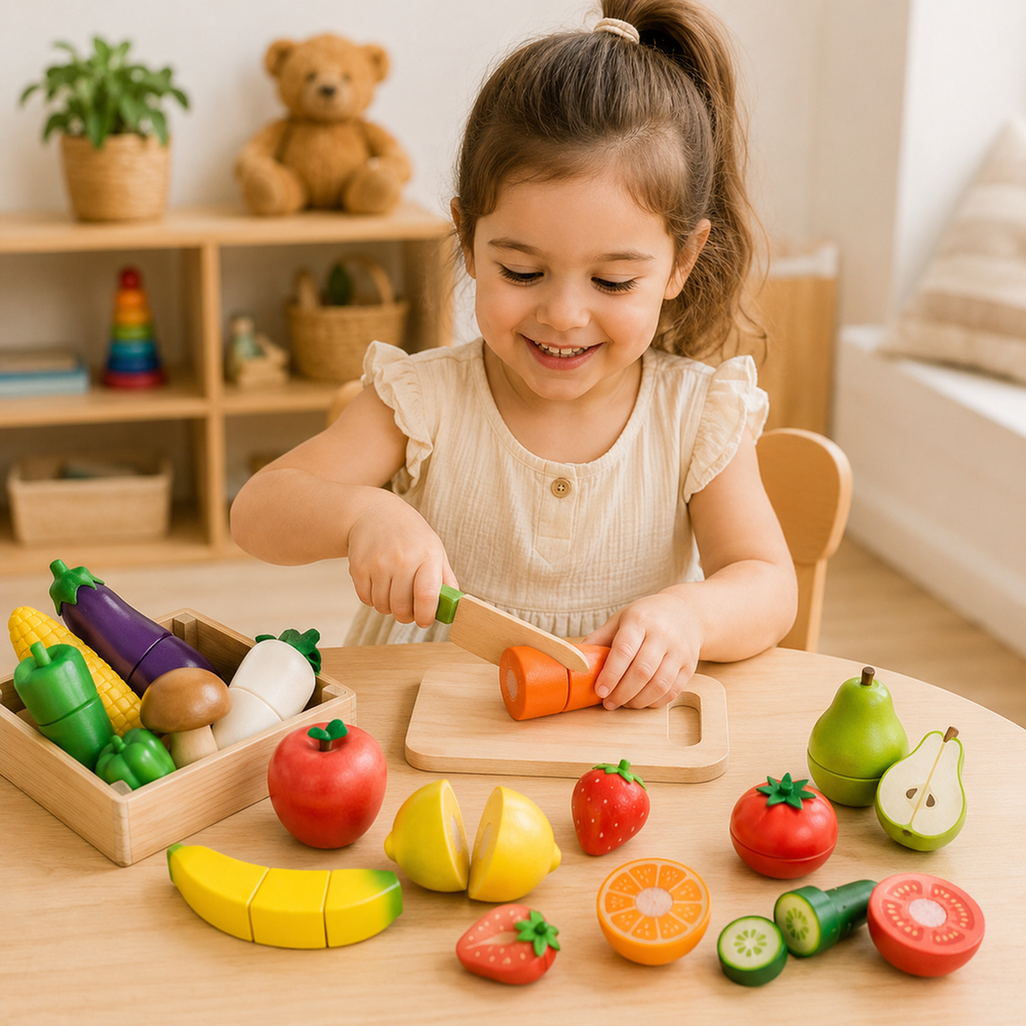 Kit cozinha infantil com frutas e legumes de madeira em destaque mostrando cores, peças e acabamento do brinquedo