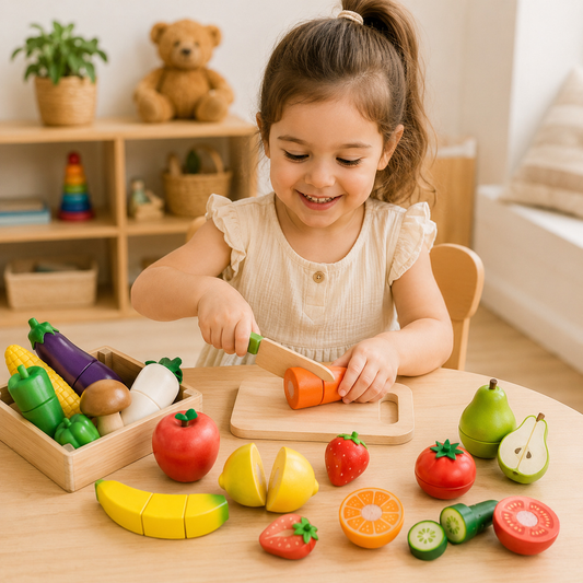 Kit cozinha infantil com frutas e legumes de madeira em destaque mostrando cores, peças e acabamento do brinquedo