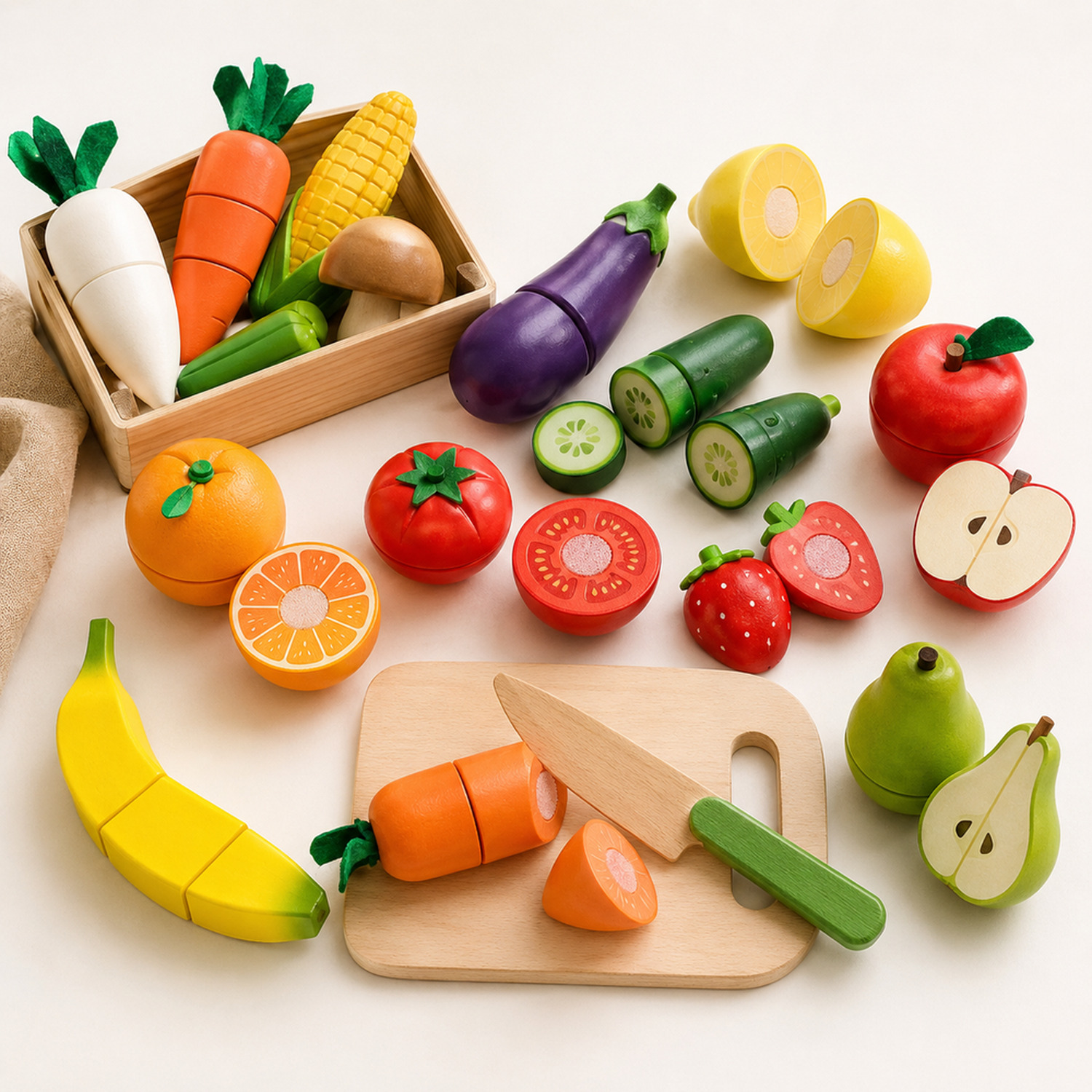 Detalhes de kit cozinha infantil com frutas e legumes de madeira para avaliar formato, material e componentes