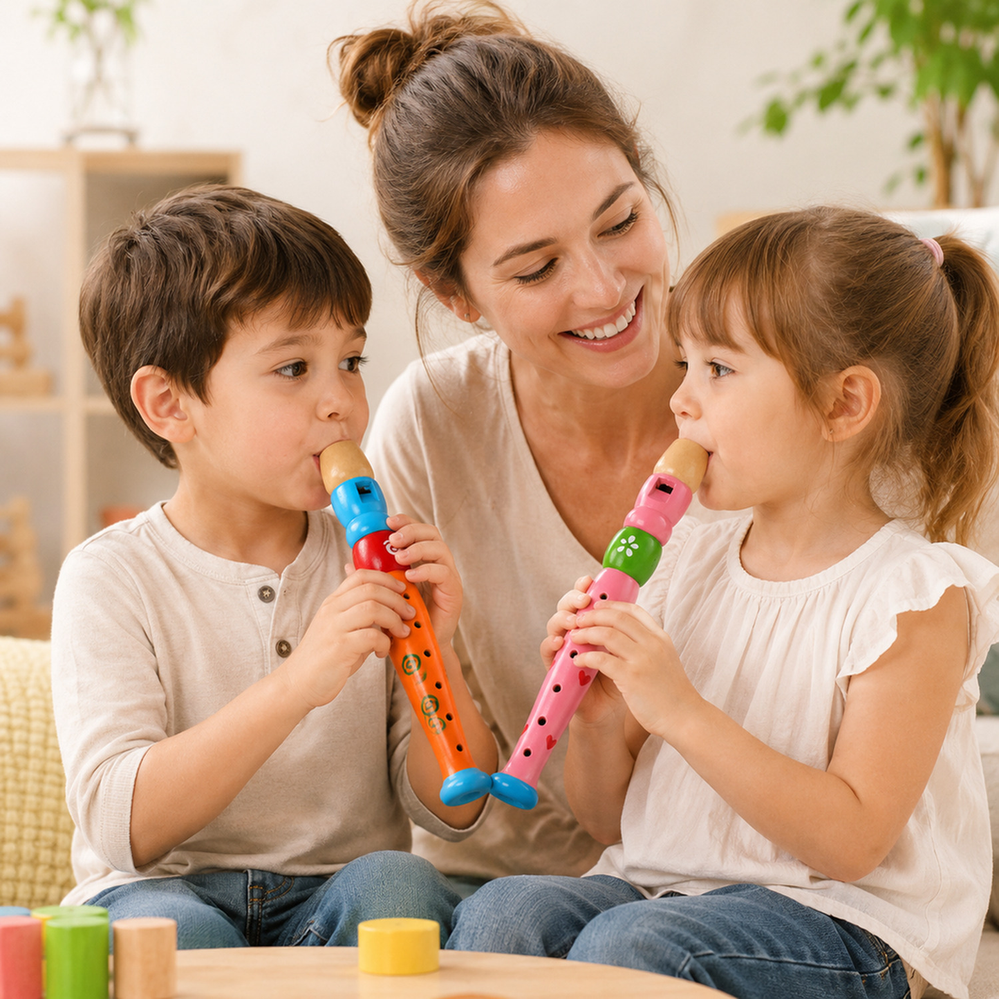 Flauta infantil de madeira colorida em cenário infantil para visualizar a proposta de brincadeira