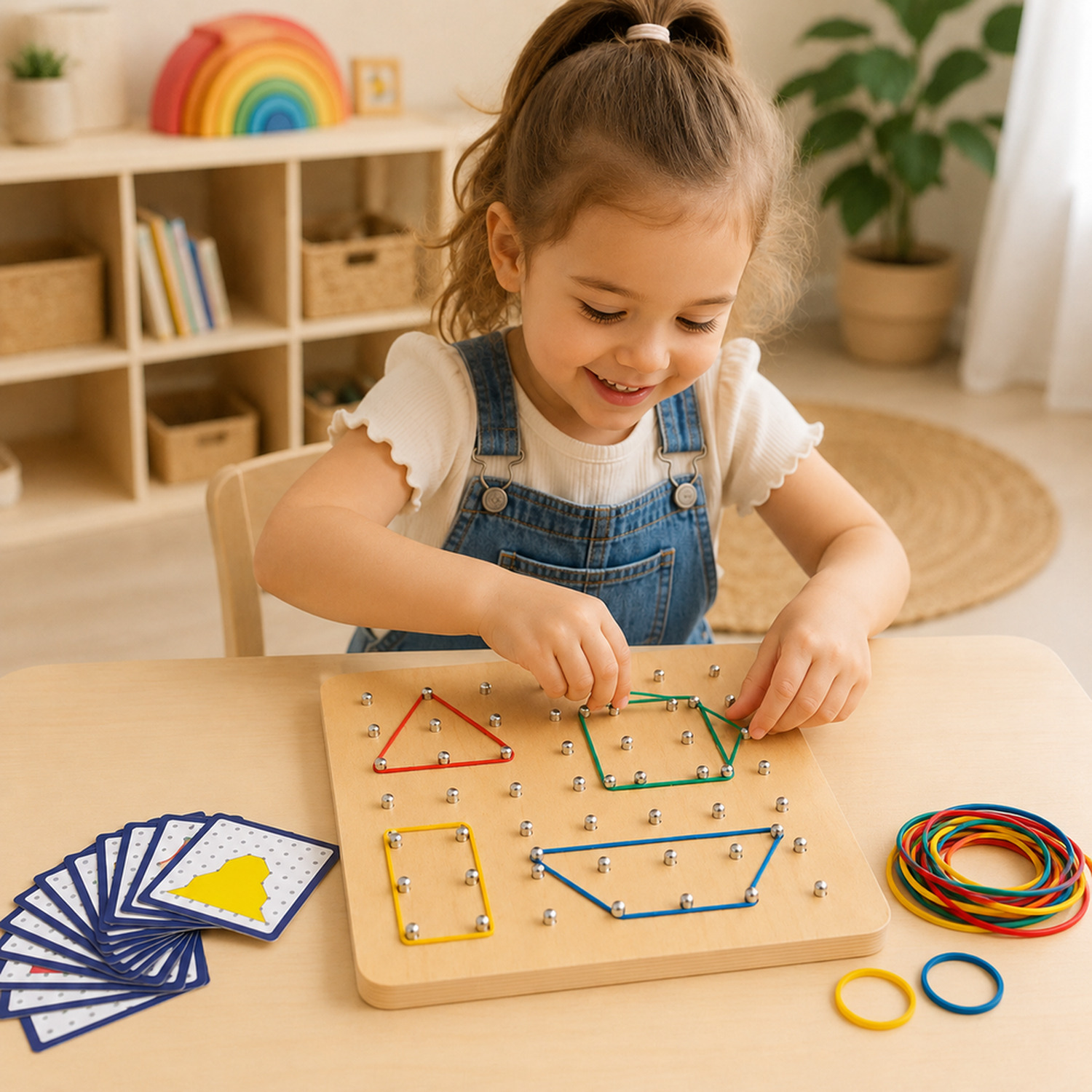 Geoplano Montessori de madeira em cenário infantil para visualizar a proposta de brincadeira