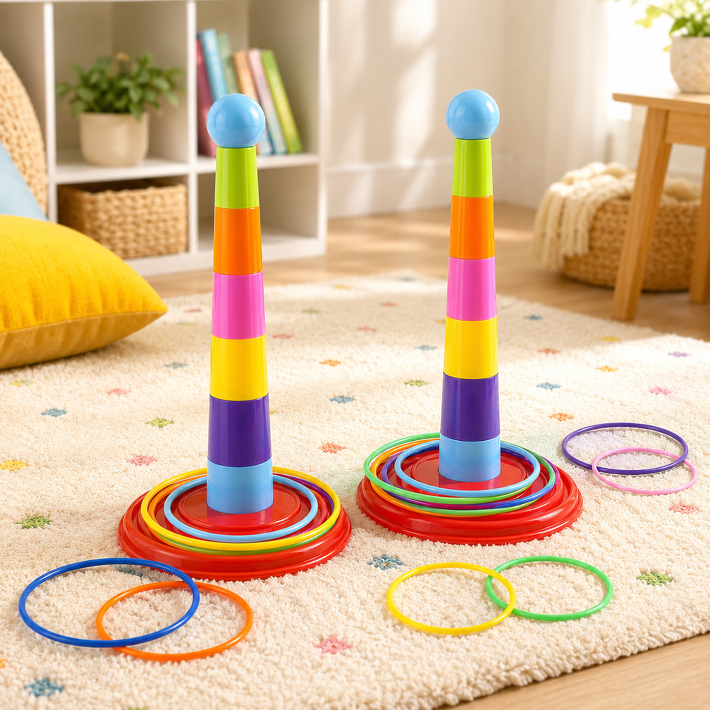 Jogo de argolas de empilhar infantil em cenário infantil para visualizar a proposta de brincadeira