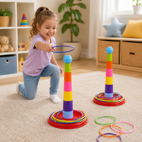 Jogo de argolas de empilhar infantil em destaque mostrando cores, peças e acabamento do brinquedo