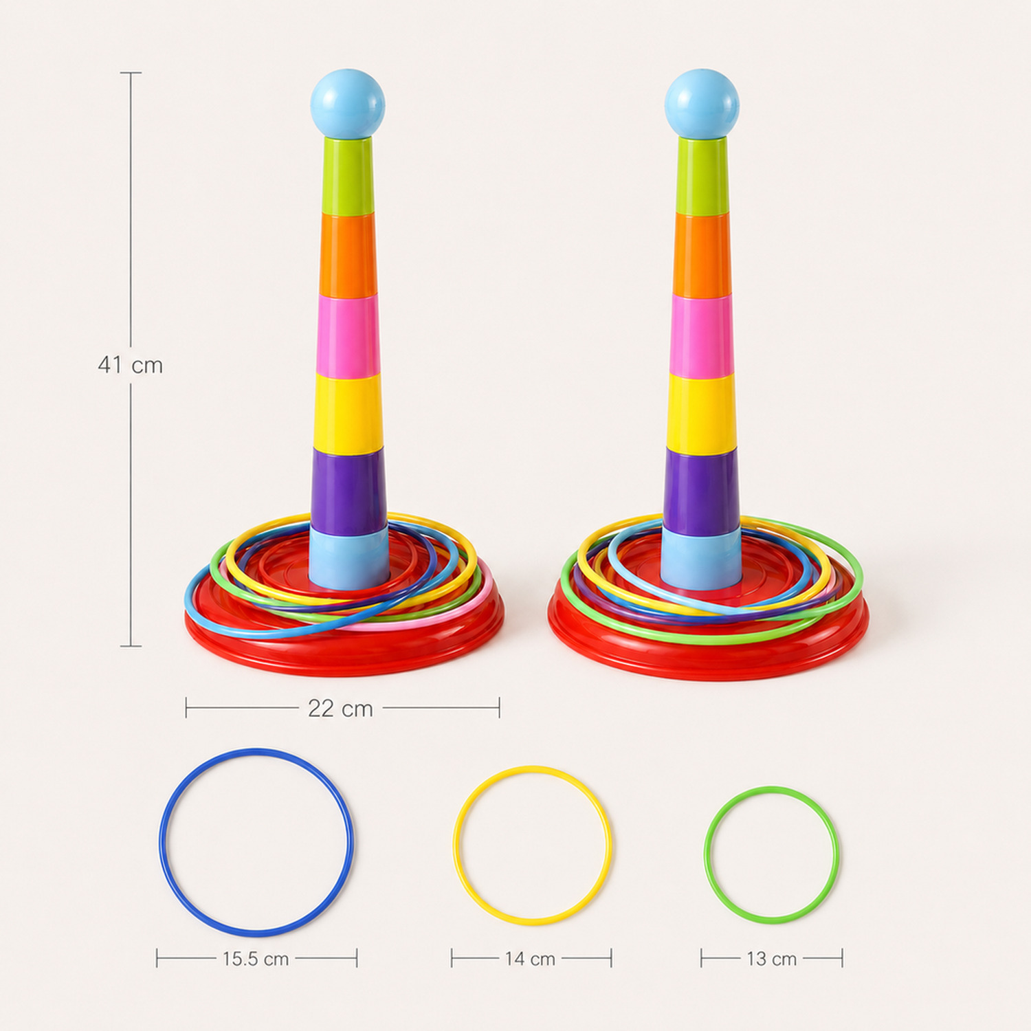 Close de jogo de argolas de empilhar infantil destacando cores e detalhes importantes do produto