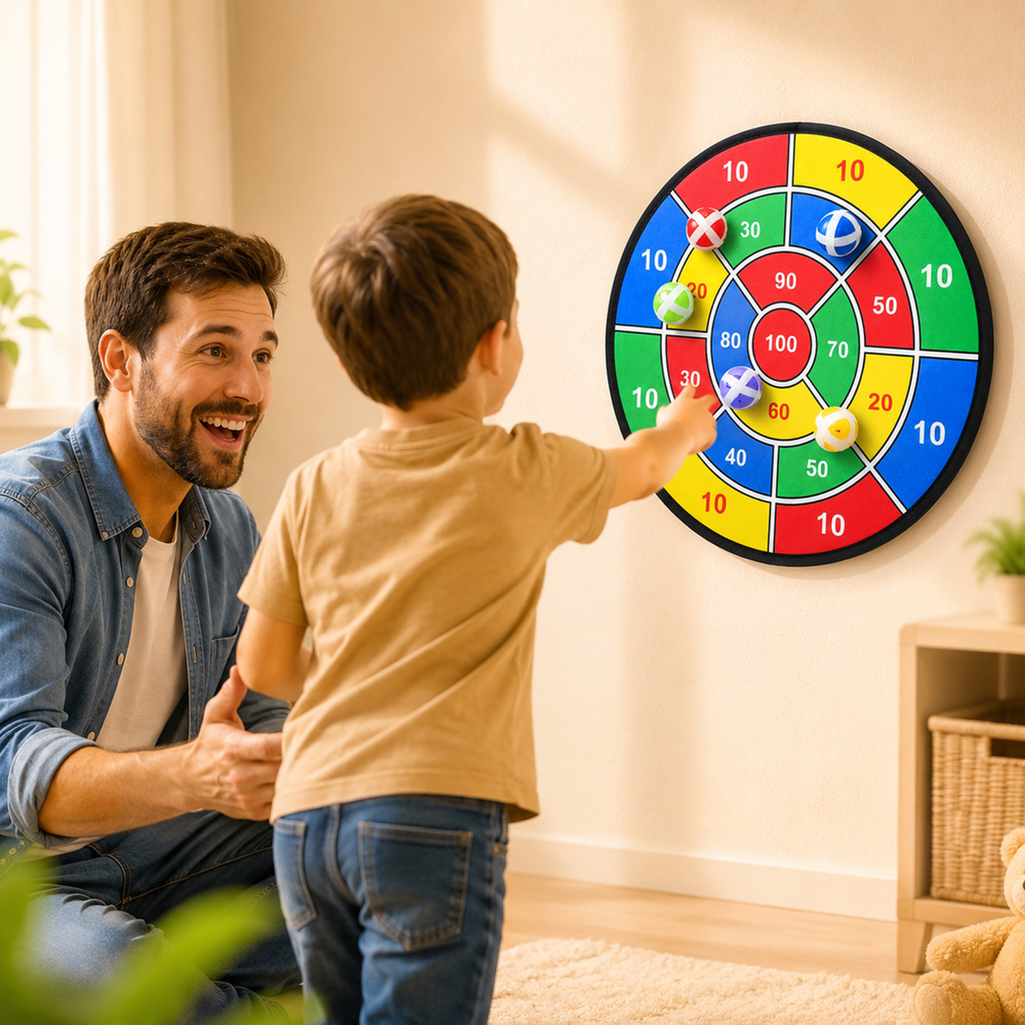 Jogo de dardos infantil com bolas de velcro em cenário infantil para visualizar a proposta de brincadeira