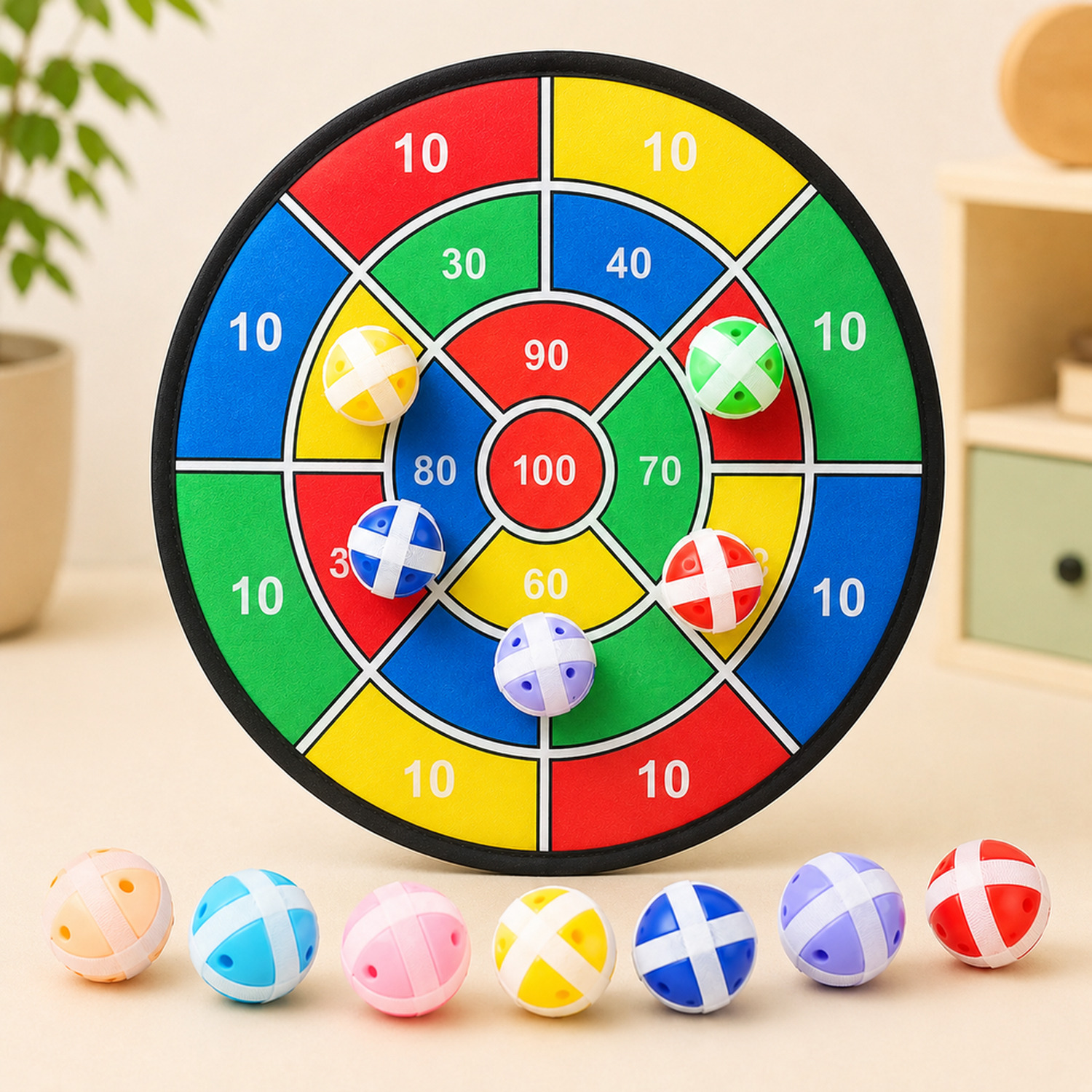 Jogo de dardos infantil com bolas de velcro com peças organizadas para entender o conteúdo do conjunto