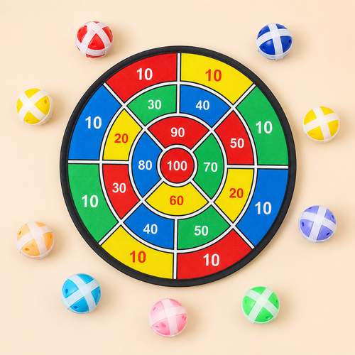 Jogo de dardos infantil com bolas de velcro em destaque mostrando cores, peças e acabamento do brinquedo