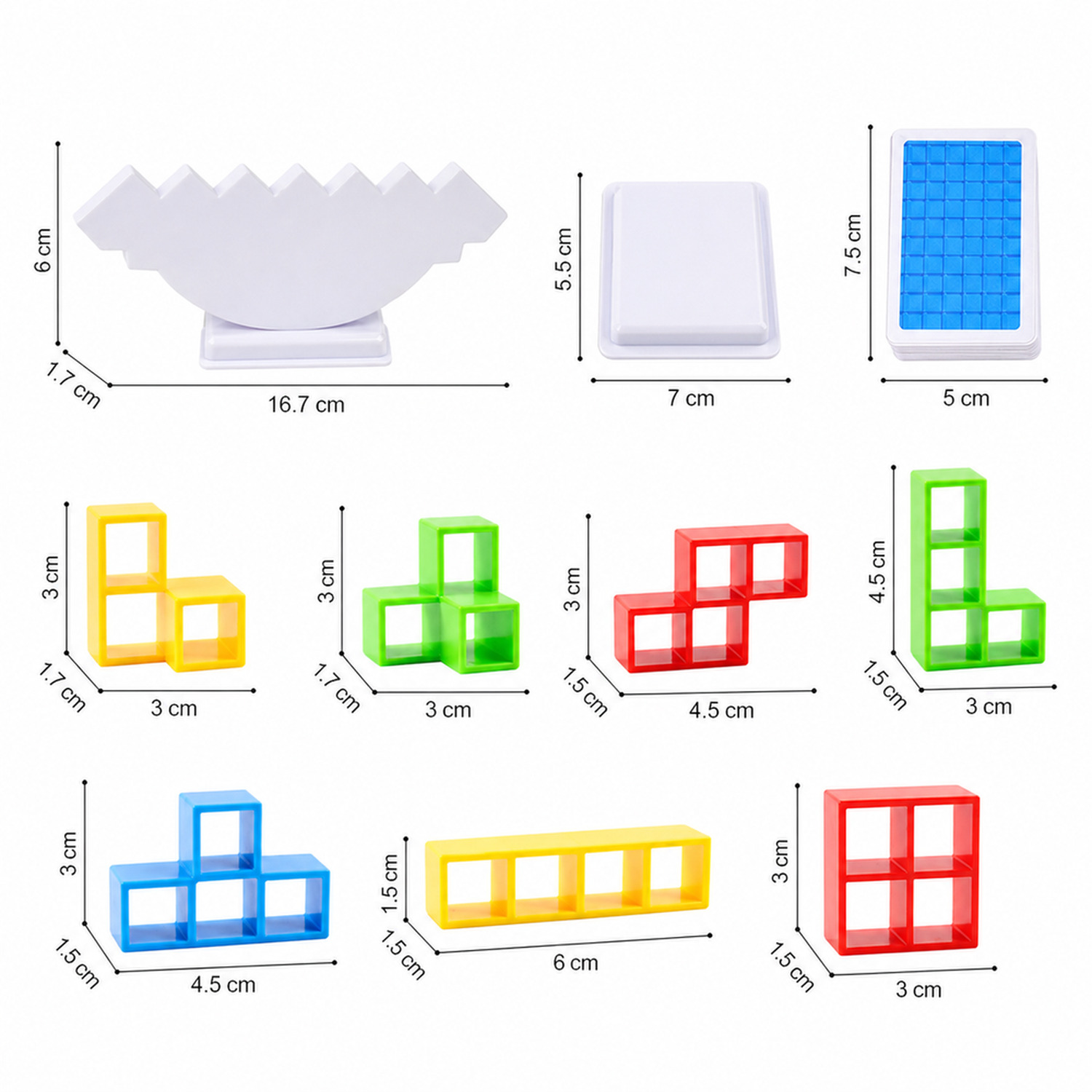 Jogo de equilíbrio Torre Tetris em madeira com peças organizadas para entender o conteúdo do conjunto