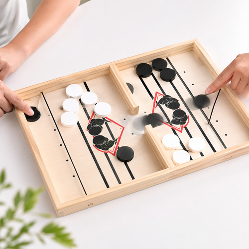Jogo de mesa hockey estilingue infantil em destaque mostrando cores, peças e acabamento do brinquedo