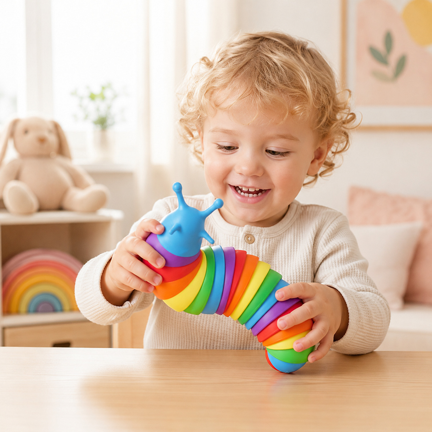 Lagarta articulada colorida sensorial em cenário infantil para visualizar a proposta de brincadeira