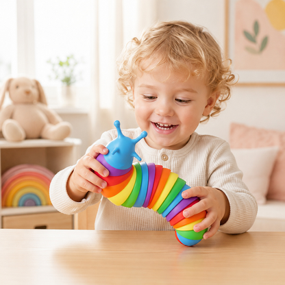 Lagarta articulada colorida sensorial em cenário infantil para visualizar a proposta de brincadeira