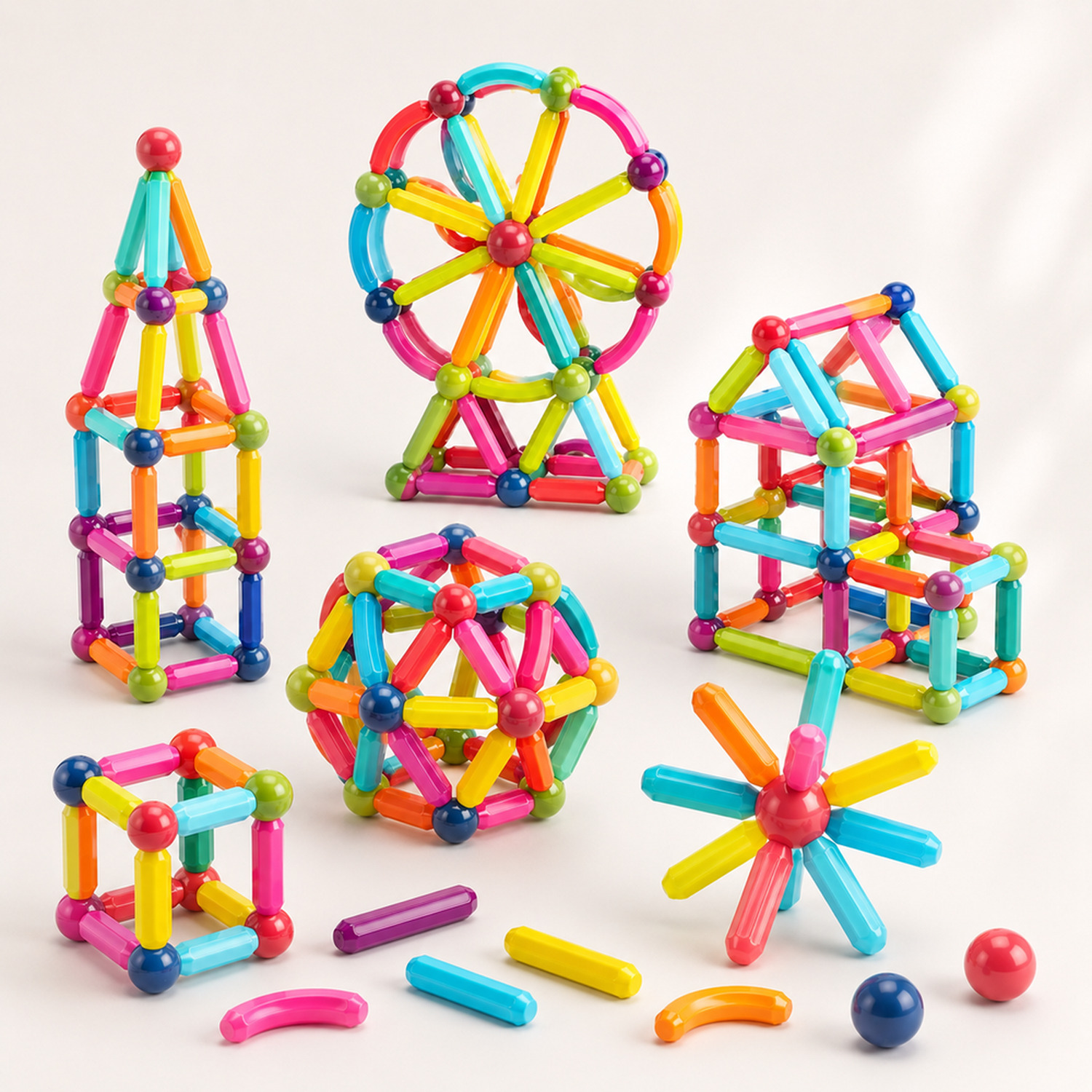 Detalhes de brinquedo magnético de montar 50 peças para avaliar formato, material e componentes