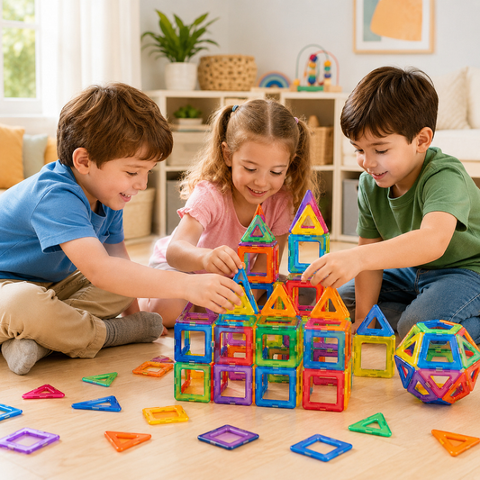 Brinquedo magnético de montar 84 peças em destaque mostrando cores, peças e acabamento do brinquedo