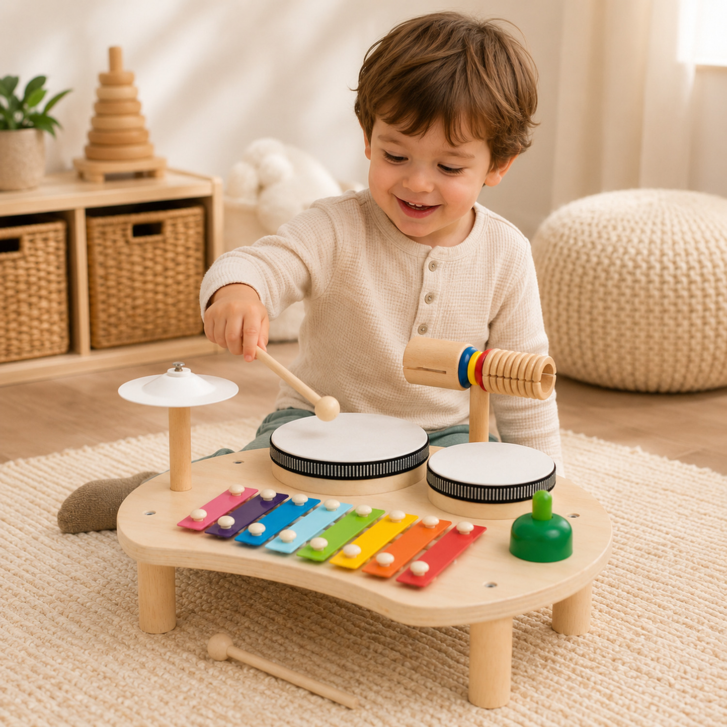 Mesa musical Montessori de madeira em cenário infantil para visualizar a proposta de brincadeira