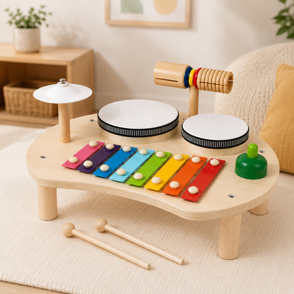 Mesa musical Montessori de madeira com peças organizadas para entender o conteúdo do conjunto