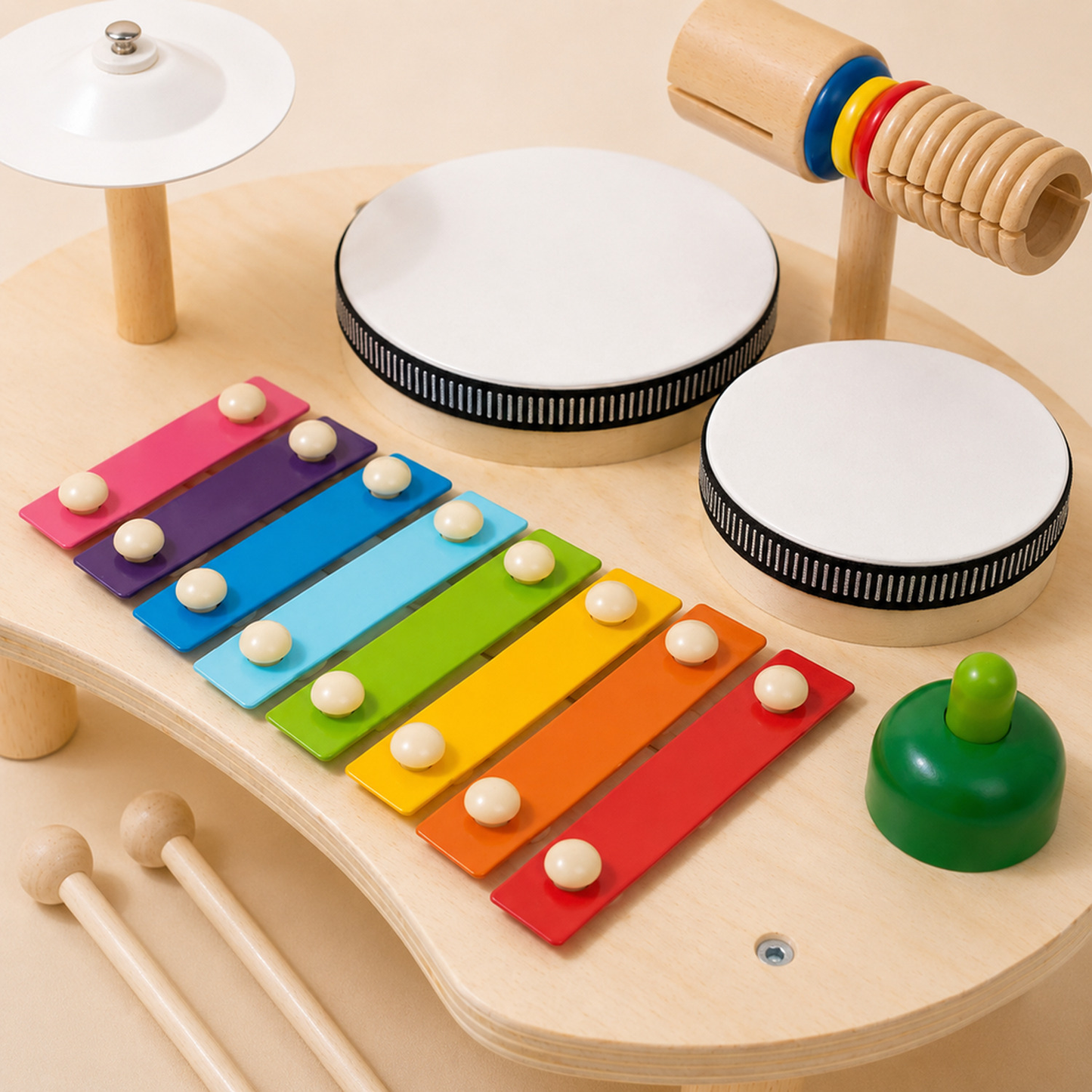 Exemplo de uso de mesa musical Montessori de madeira em atividade educativa para crianças