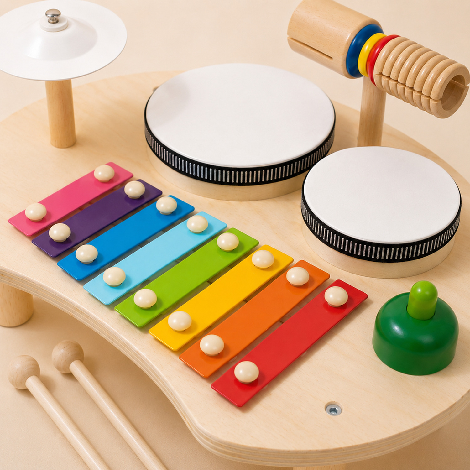 Exemplo de uso de mesa musical Montessori de madeira em atividade educativa para crianças