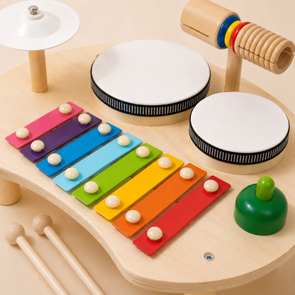 Exemplo de uso de mesa musical Montessori de madeira em atividade educativa para crianças