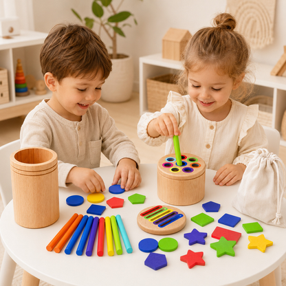 Brinquedo Montessori de encaixe formas e cores em cenário infantil para visualizar a proposta de brincadeira