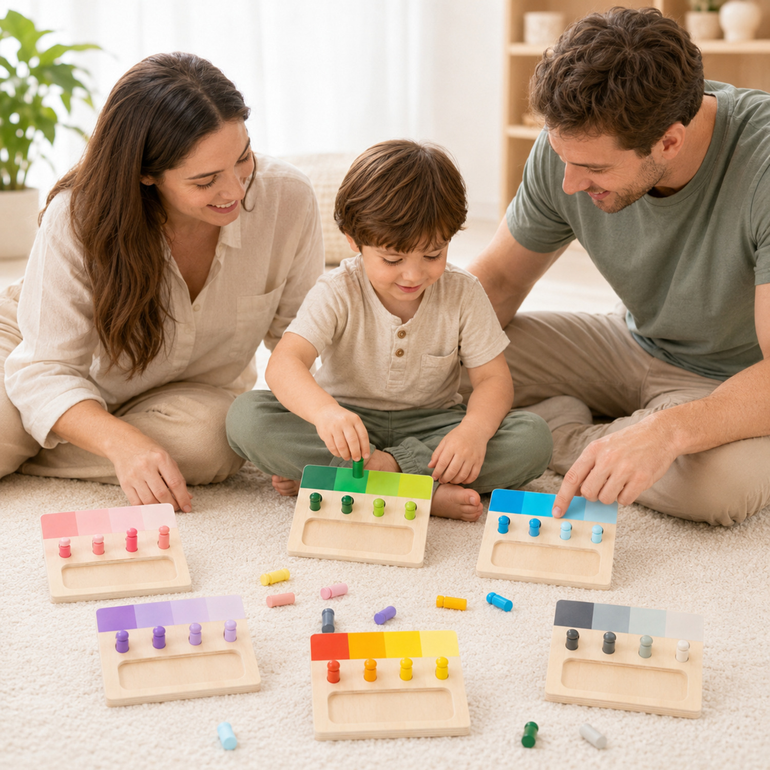 Jogo Montessori de encaixe de cores em madeira em cenário infantil para visualizar a proposta de brincadeira