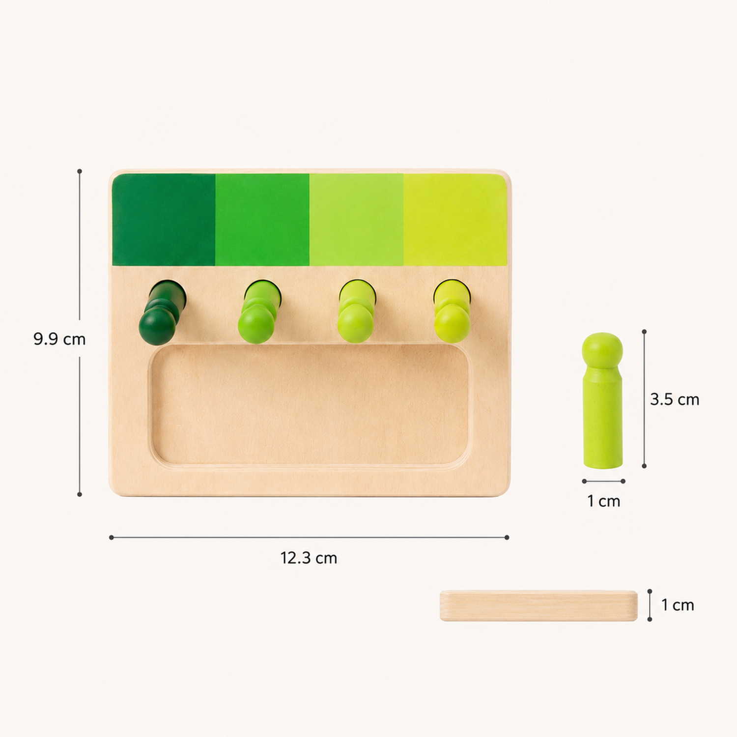 Composição visual de jogo Montessori de encaixe de cores em madeira para conferir tamanho e aparência