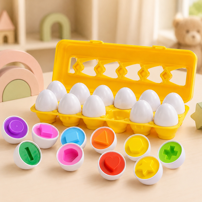 Composição visual de ovos de encaixe Montessori de cores e formas para conferir tamanho e aparência