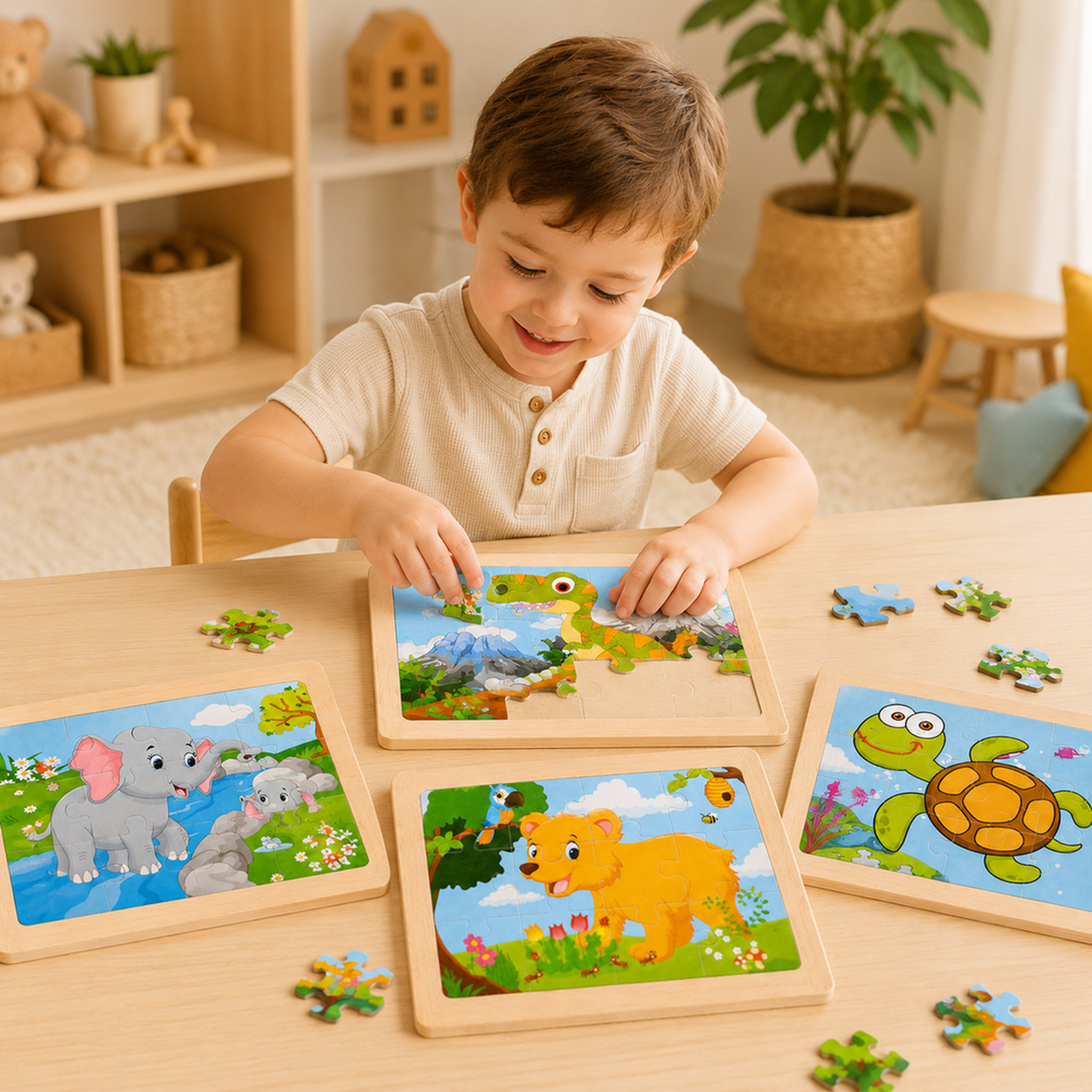 Quebra-cabeça de madeira infantil de animais em cenário infantil para visualizar a proposta de brincadeira