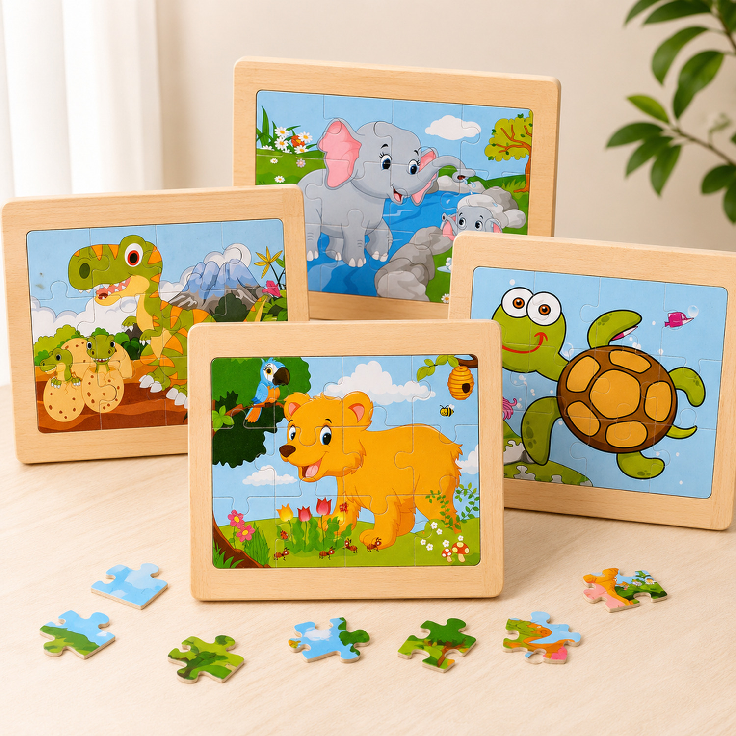 Quebra-cabeça de madeira infantil de animais com peças organizadas para entender o conteúdo do conjunto