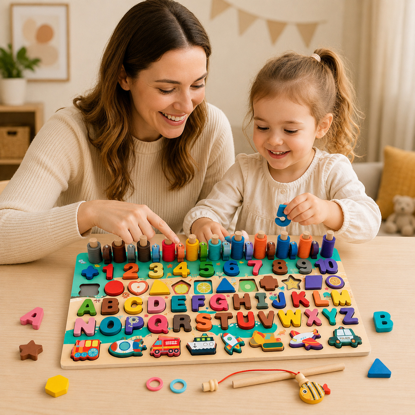 Quebra-cabeça Montessori grande de números e formas em cenário infantil para visualizar a proposta de brincadeira
