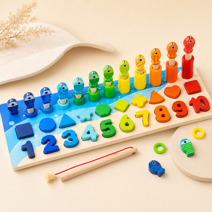 Quebra-cabeça Montessori médio de números e formas com peças organizadas para entender o conteúdo do conjunto