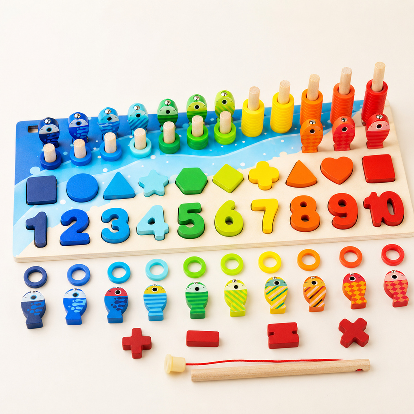 Close de quebra-cabeça Montessori médio de números e formas destacando cores e detalhes importantes do produto