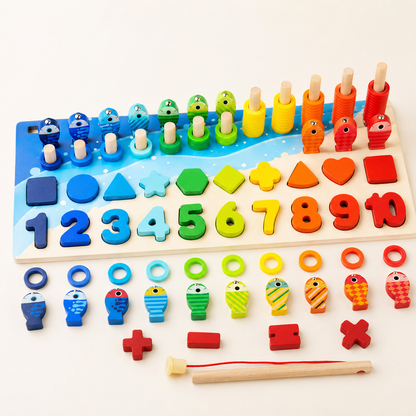 Close de quebra-cabeça Montessori médio de números e formas destacando cores e detalhes importantes do produto