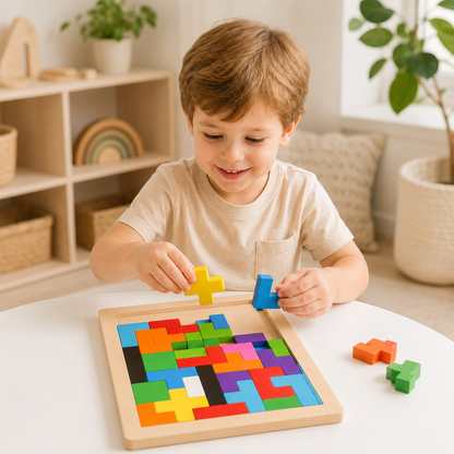 Quebra-cabeça Tetris de madeira Montessori em cenário infantil para visualizar a proposta de brincadeira