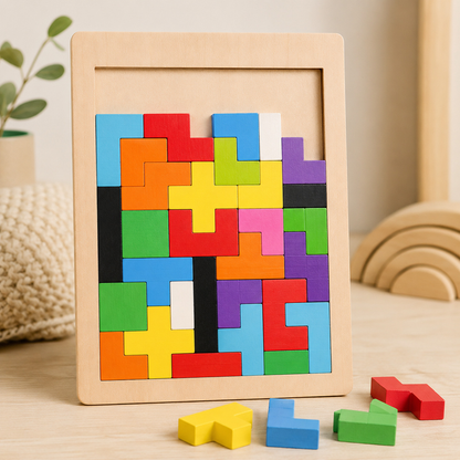 Quebra-cabeça Tetris de madeira Montessori com peças organizadas para entender o conteúdo do conjunto