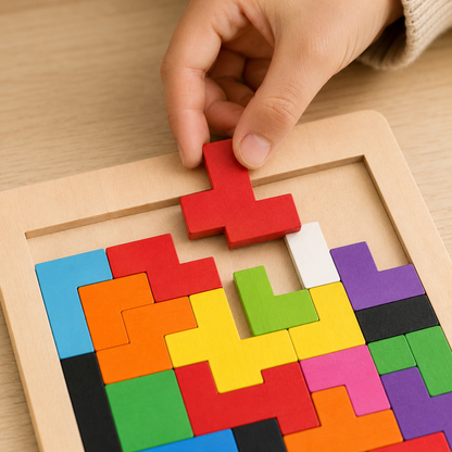 Close de quebra-cabeça Tetris de madeira Montessori destacando cores e detalhes importantes do produto