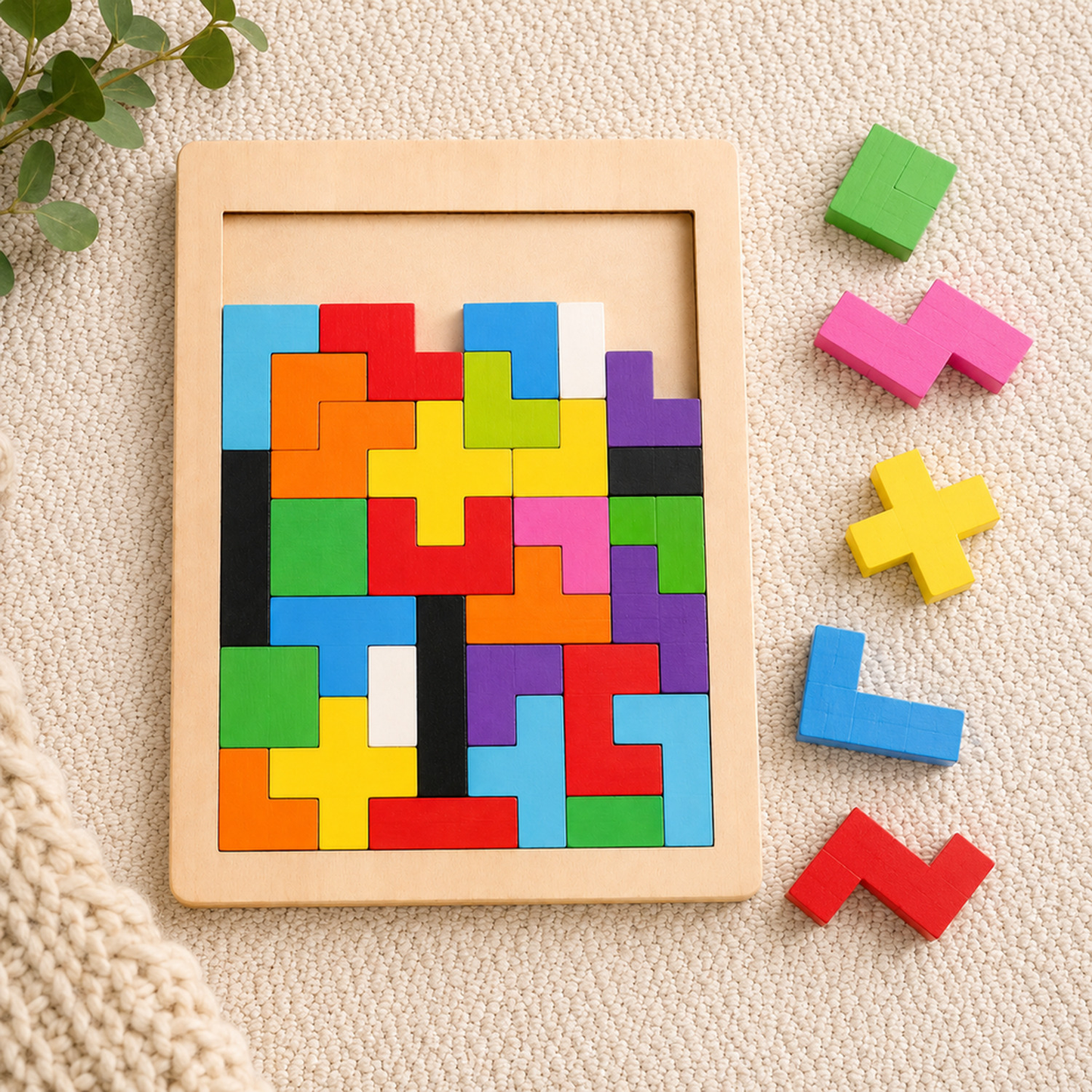 Exemplo de uso de quebra-cabeça Tetris de madeira Montessori em atividade educativa para crianças
