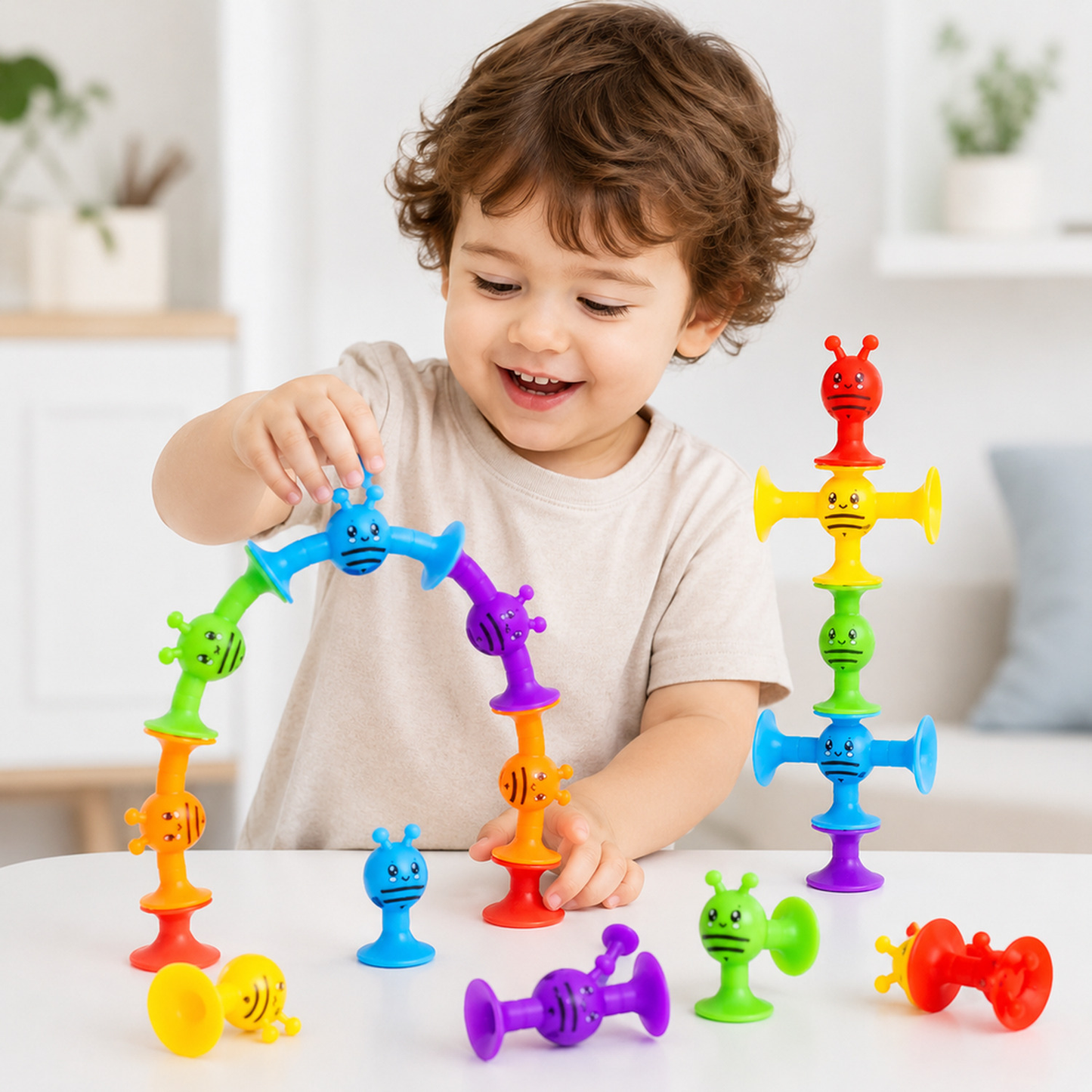 Brinquedo sensorial de montar com ventosas em destaque mostrando cores, peças e acabamento do brinquedo