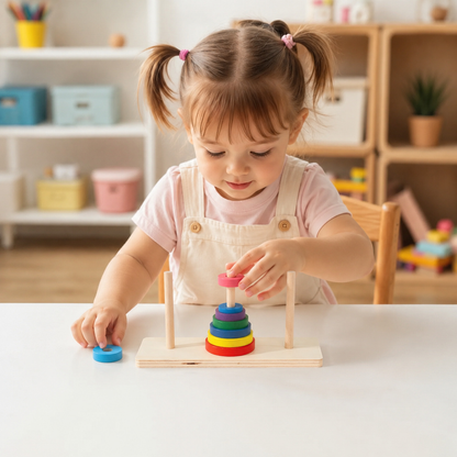 Torre de Hanói infantil de madeira em cenário infantil para visualizar a proposta de brincadeira