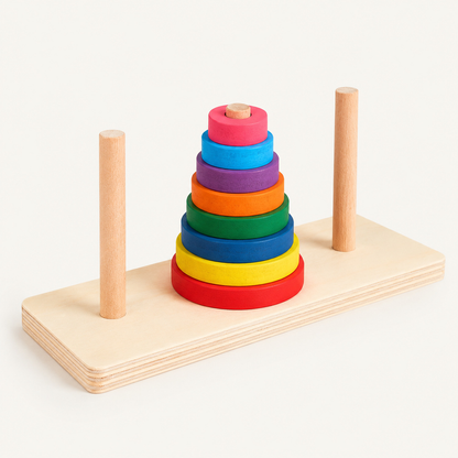 Exemplo de uso de Torre de Hanói infantil de madeira em atividade educativa para crianças