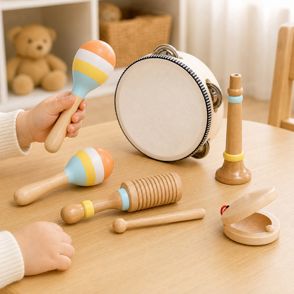 Criança explorando kit infantil de instrumentos musicais de madeira